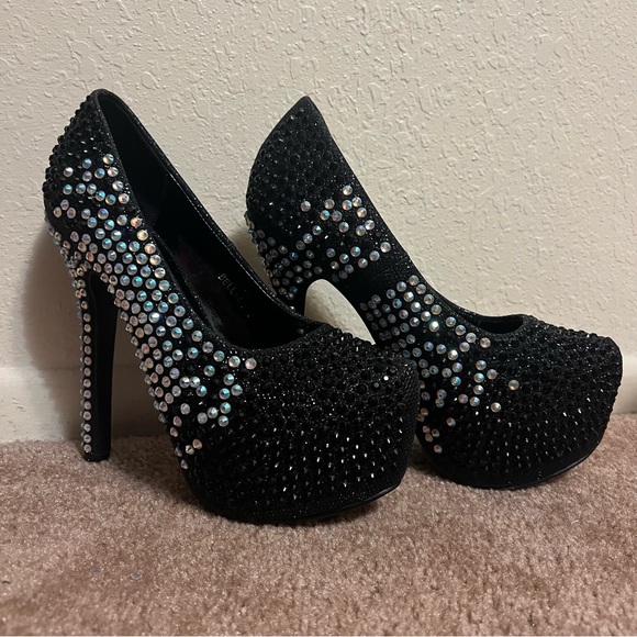 Jeru Shoes - Jeru Black Sparkle Rhinestone Dress High Stiletto Platform Pumps US Size 5 1/2